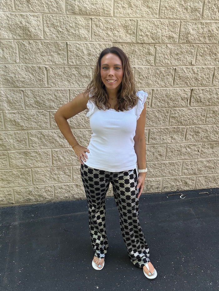 Lulu B Medallion Wide-Leg Palazzo Pants – Silver & Black