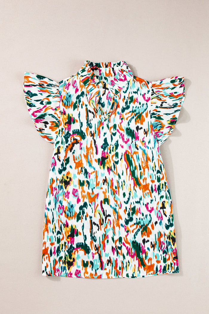 Abstract Print Split Neck Ruffle Sleeve Blouse - Tops/Blouses & Shirts