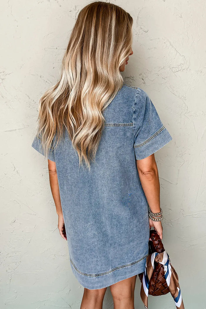 Beau Blue Short Sleeve Collared Patched Pocket Denim Mini Dress - Dresses/Mini Dresses