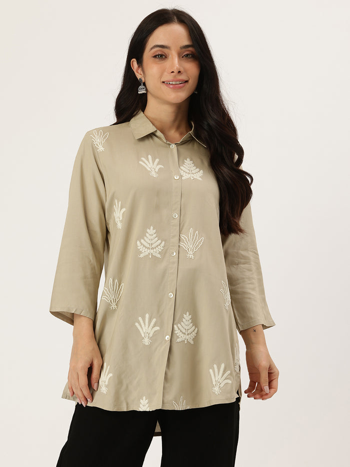 Beige Floral Embroidered Shirt Collar Tunic, Floral Printed Tunic, printed tunic, Shirt collar Tunic, casual wear Tunic, women’s tunic, Office Wear Tunic, Embroidered Short Kurta