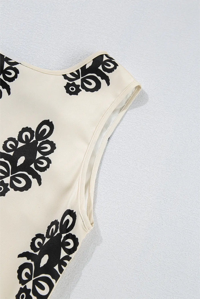 Beige Geometric Printed Sleeveless Hollowed Bowknot Back Mini Dress - Dresses/Mini Dresses