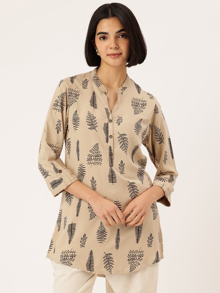 Beige Tropical Printed Mandarin Collar Tunic, beige short kurta, tropical printed short kurta, mandarin collar Tunic, tunic, women tunic, printed tunic
