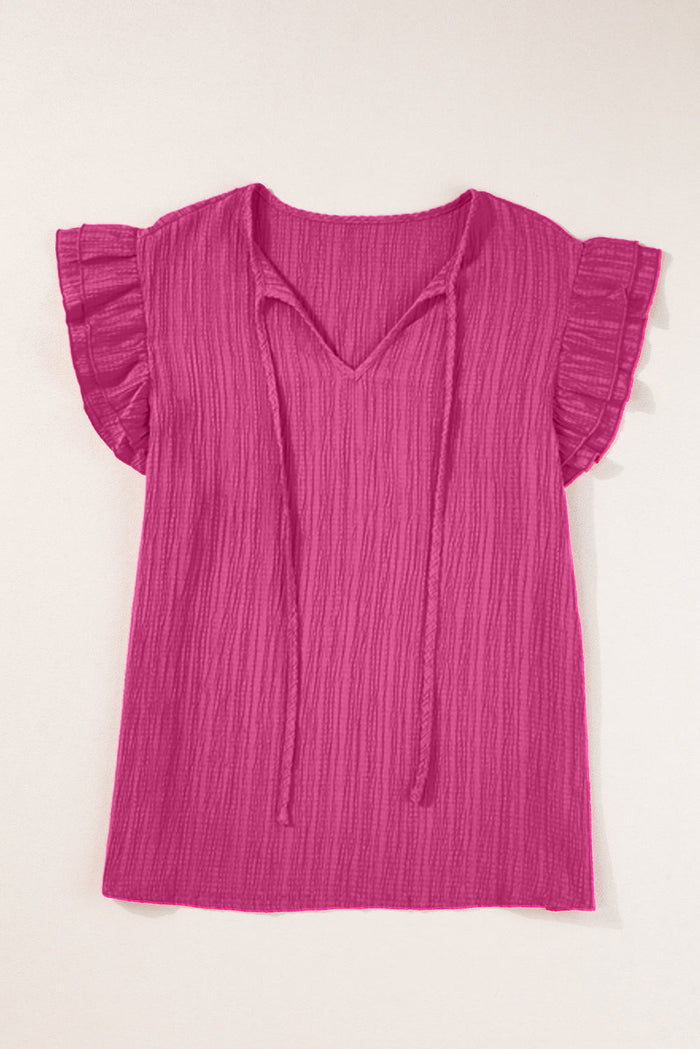 Black Textured Ruffled Sleeve V Neck Top - Tops/Sleeveless Tops