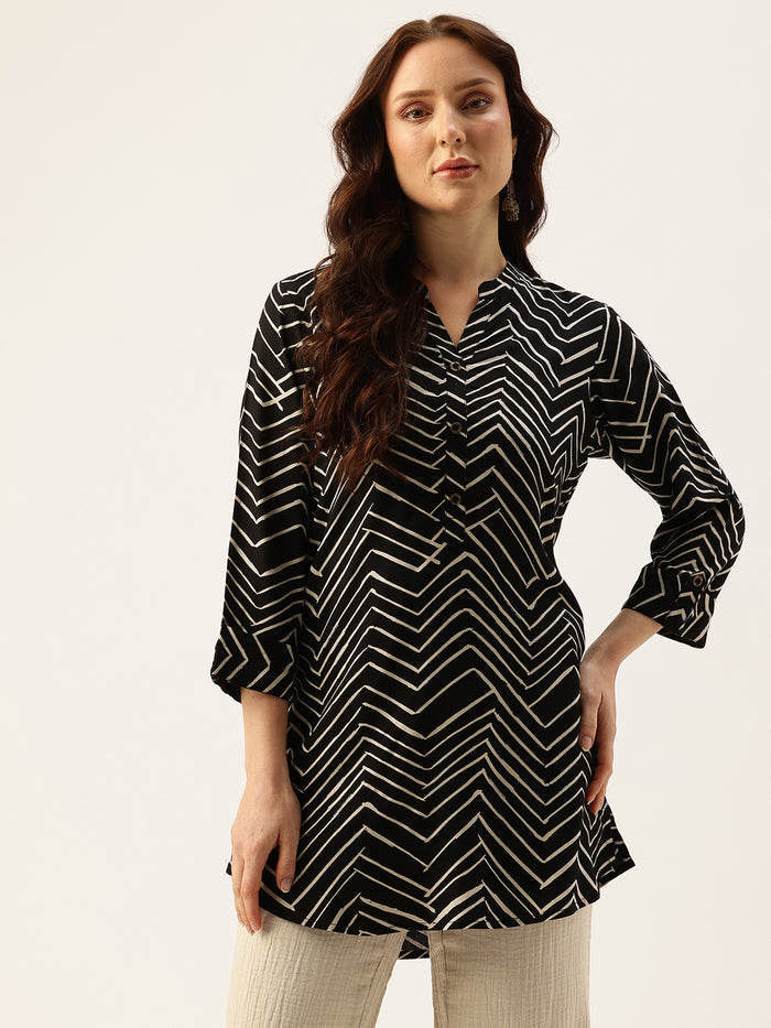Black Zig-Zag Printed Mandarin Collar Tunic, Mandarin Collar Tunic, Printed Tunic, Short Kurti, Short top, Zig-Zag Printed Tunic