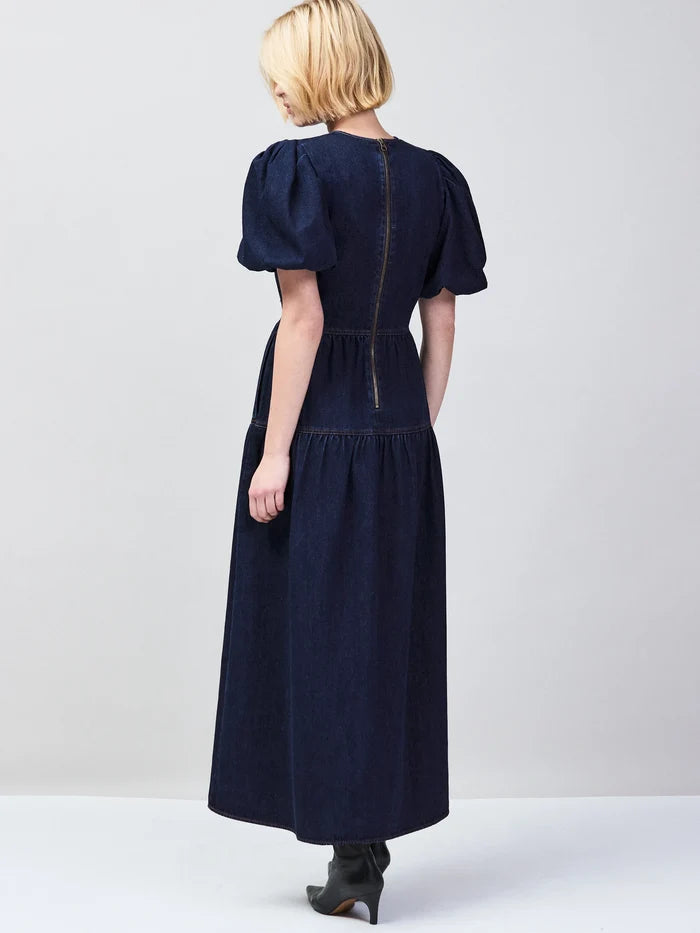 Blue Denim Puff Sleeve Midi Dress