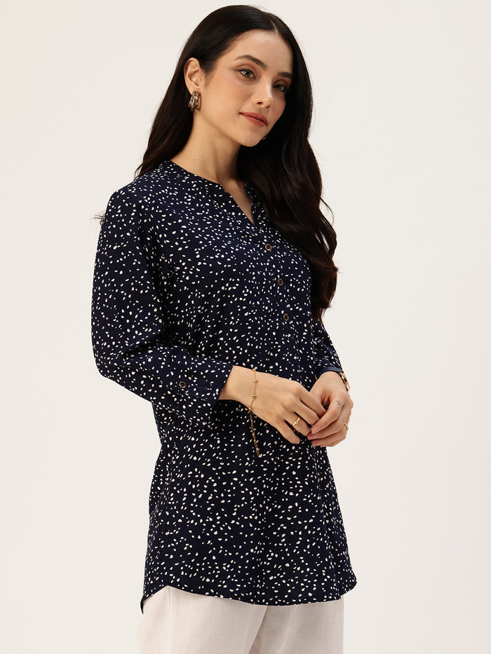 Blue Viscose Rayon Mandarin Collar Printed Tunic, polka dot Printed Tunic, printed tunic, mandarin collar Tunic, casual wear Tunic, women’s tunic, Office Wear Tunic