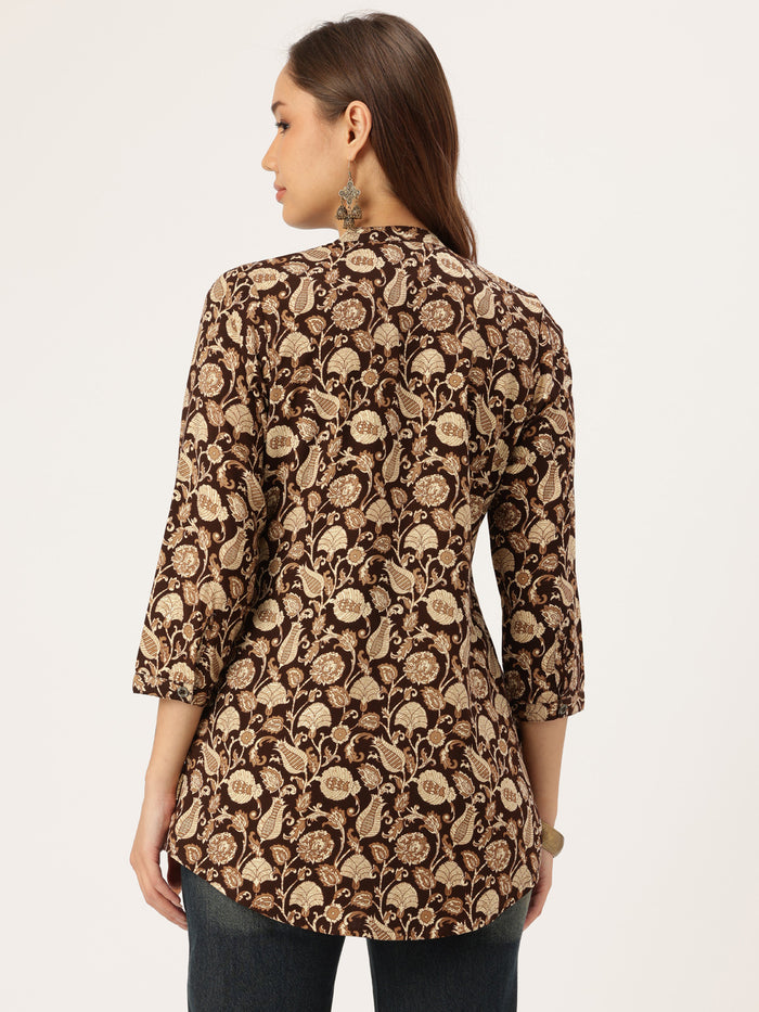 Brown Floral Printed Mandarin Collar Tunic, Floral Printed Tunic, printed tunic, mandarin collar Tunic, casual wear Tunic, women’s tunic, Office Wear Tunic