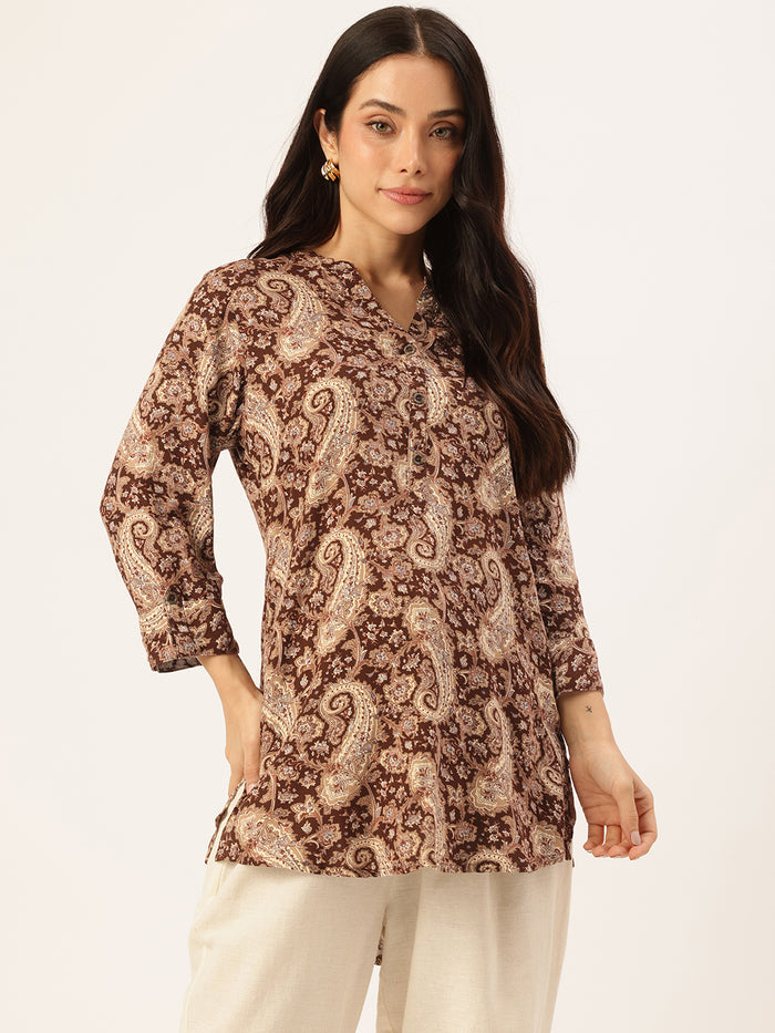 Brown Paisley Printed Mandarin Collar Tunic, Princess Cur Kurta, A-Line Kurta, Floral Print, Mandarin Collar kurta, printed kurta