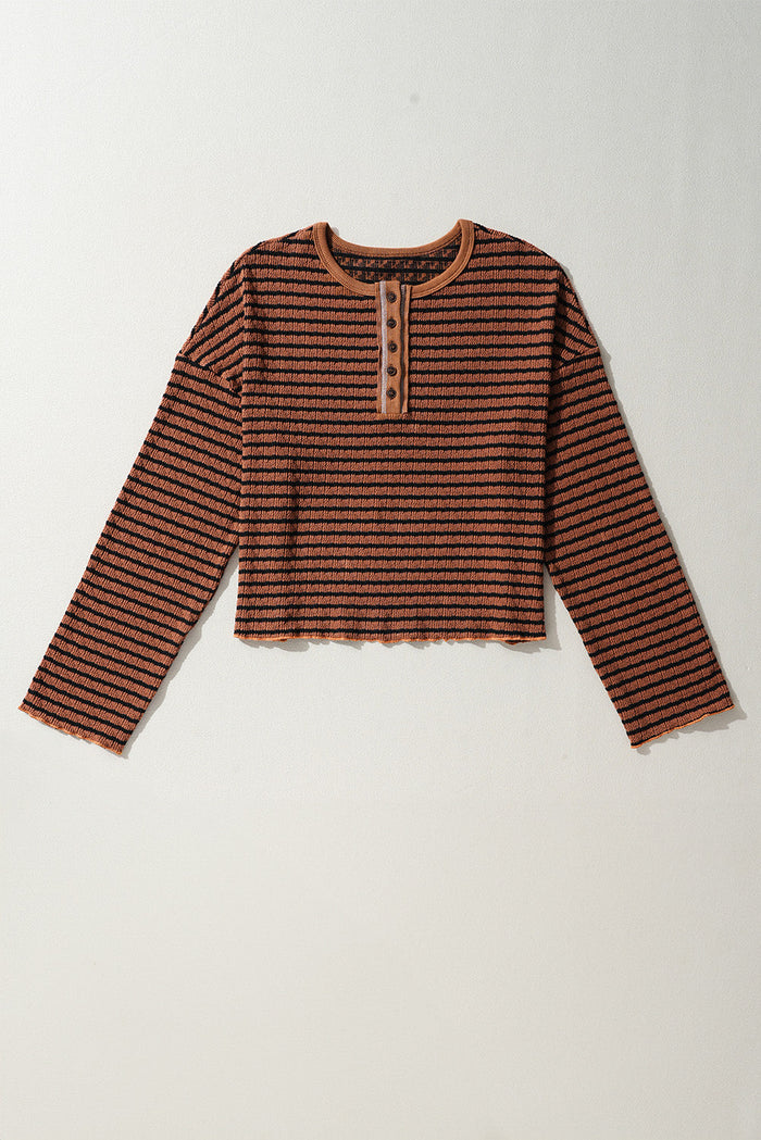 Brown Stripe Textured Frilly Trim Buttons Henley Long Sleeve Top - Tops/Long Tops