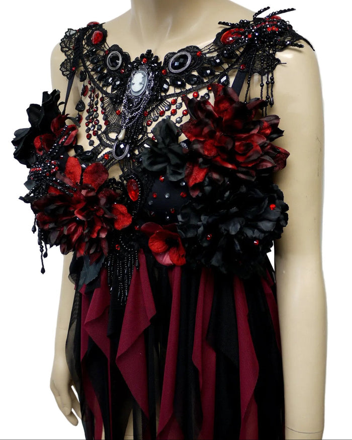 Burgundy Red and Black Widow Goth Spider Fairy Bra Babydoll Dress