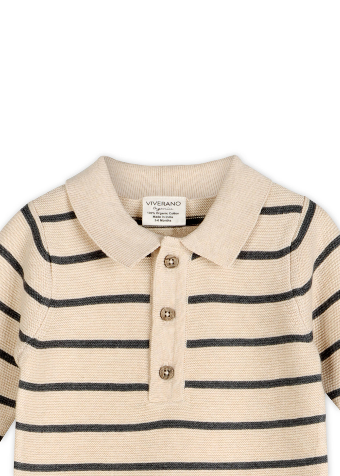 Collared Stripe Knit Jumpsuit - Oatmeal