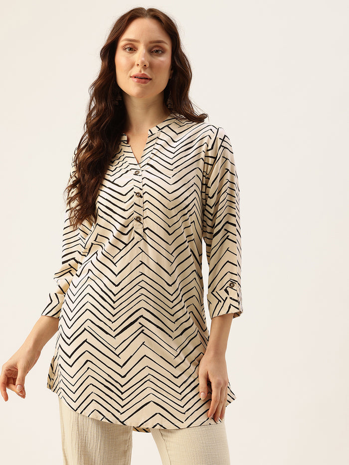 Cream Zig-Zag Printed Mandarin Collar Tunic, Mandarin Collar Tunic, Printed Tunic, Short Kurti, Short top, Zig-Zag Printed Tunic
