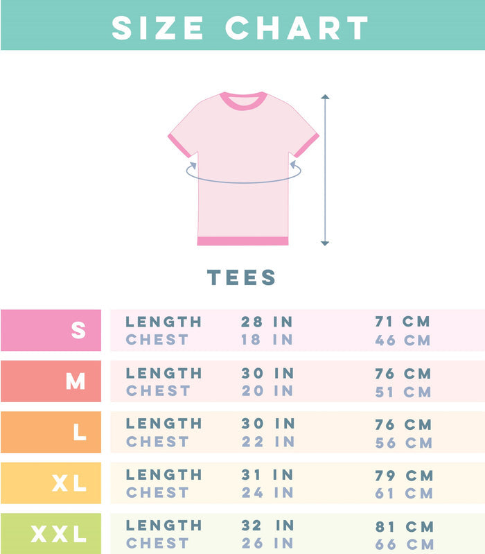 Size chart for the Sassy Woof Doodle Tee (unisex), with chest and length in inches/cm for S–XXL, plus an illustration of measurement points—ensuring the perfect fit for your 100% cotton tee!.