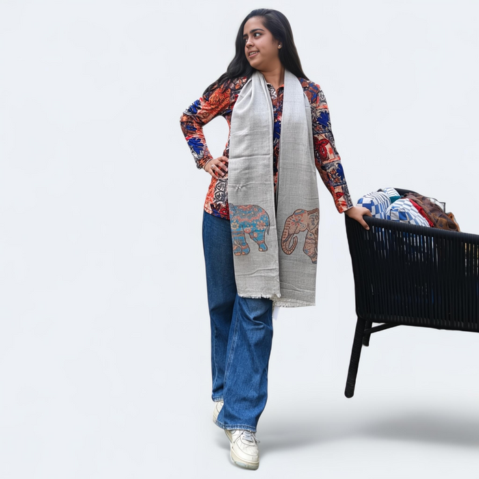 Elephant Printed Wool Silk Blended Stole | Elegant Pattern | For Women - Mojopanda Organic Store