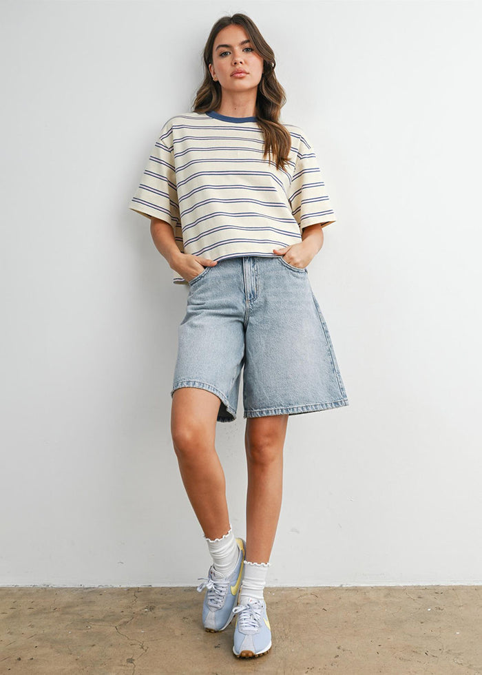 Emiko Striped Crop Tee - Ivory & Blue