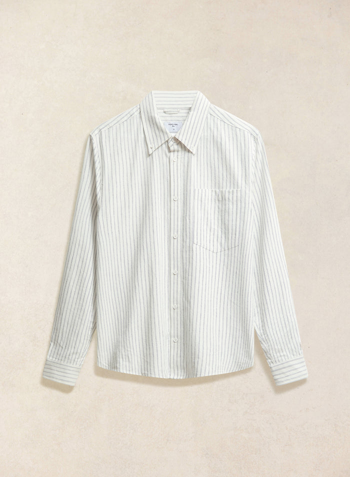 The Percival Fabian Striped Oxford Shirt in white, displayed flat with thin vertical stripes and a chest pocket.
