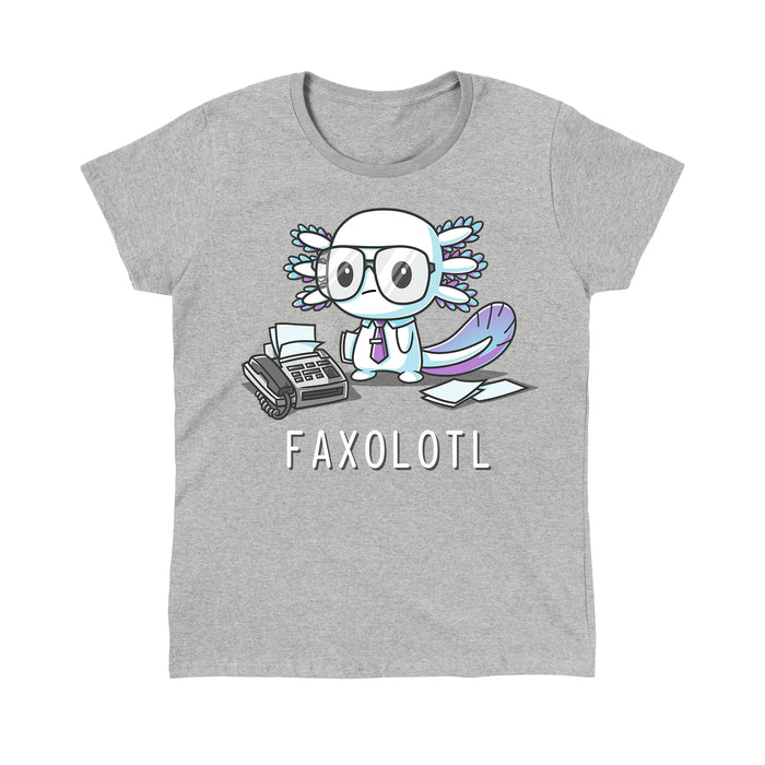 Classic Cotton T-shirt_TeeTurtle Faxolotl heather gray apparel featuring an office worker axolotl wearing glasses standing next to a fax machine with a pun underneath.
