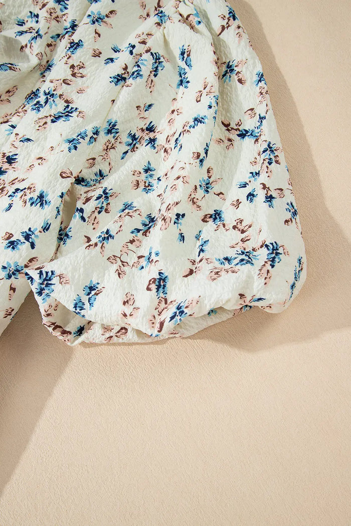 Beige Floral Puff Short Sleeve Empire Waist Mini Dress - Dresses/Floral Dresses
