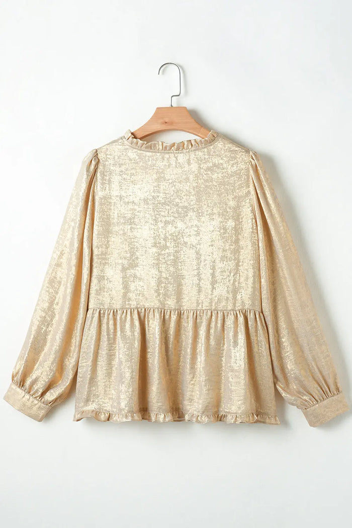 Gold Metallic Frilled V Neck Puff Sleeve Babydoll Blouse - Tops/Blouses & Shirts