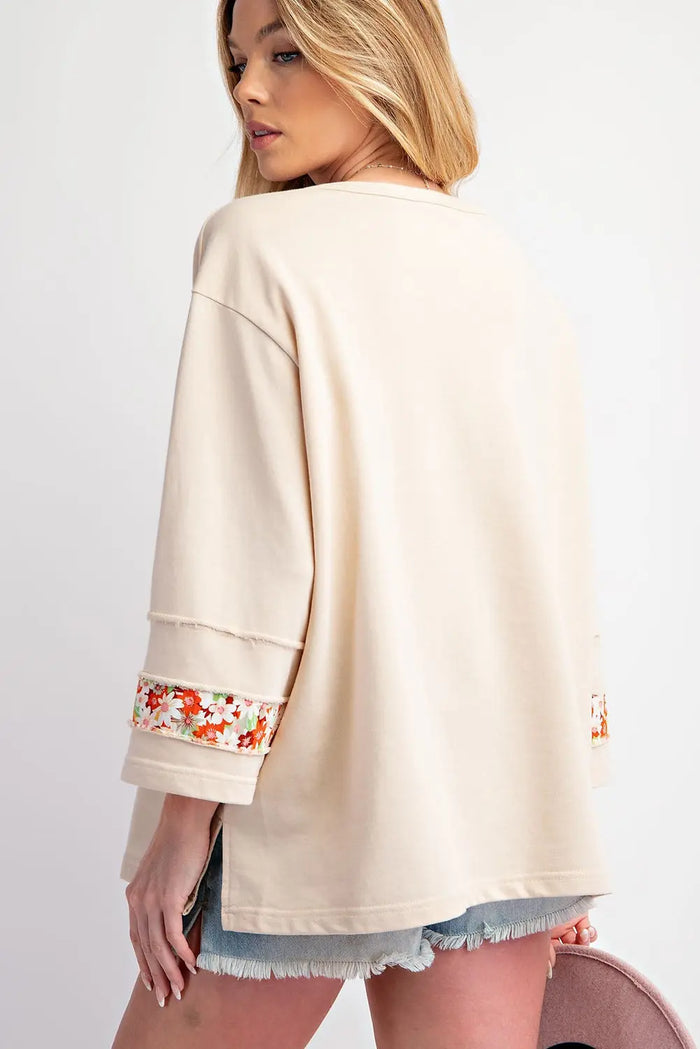 Grapefruit Orange Flower Patch Graphic Exposed Seam Wide Sleeve Top - Graphic/Graphic Long Tees