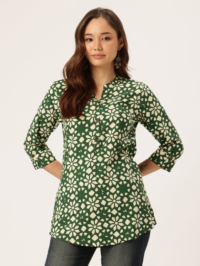 Green Floral Printed Mandarin Collar Tunic, Floral Printed Tunic, printed tunic, mandarin collar Tunic, casual wear Tunic, women’s tunic, Office Wear Tunic