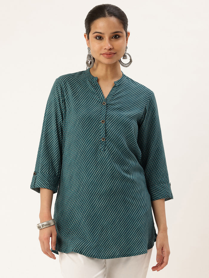 Green Geometric Printed Mandarin Collar Tunic, Short Kurta, Short Top