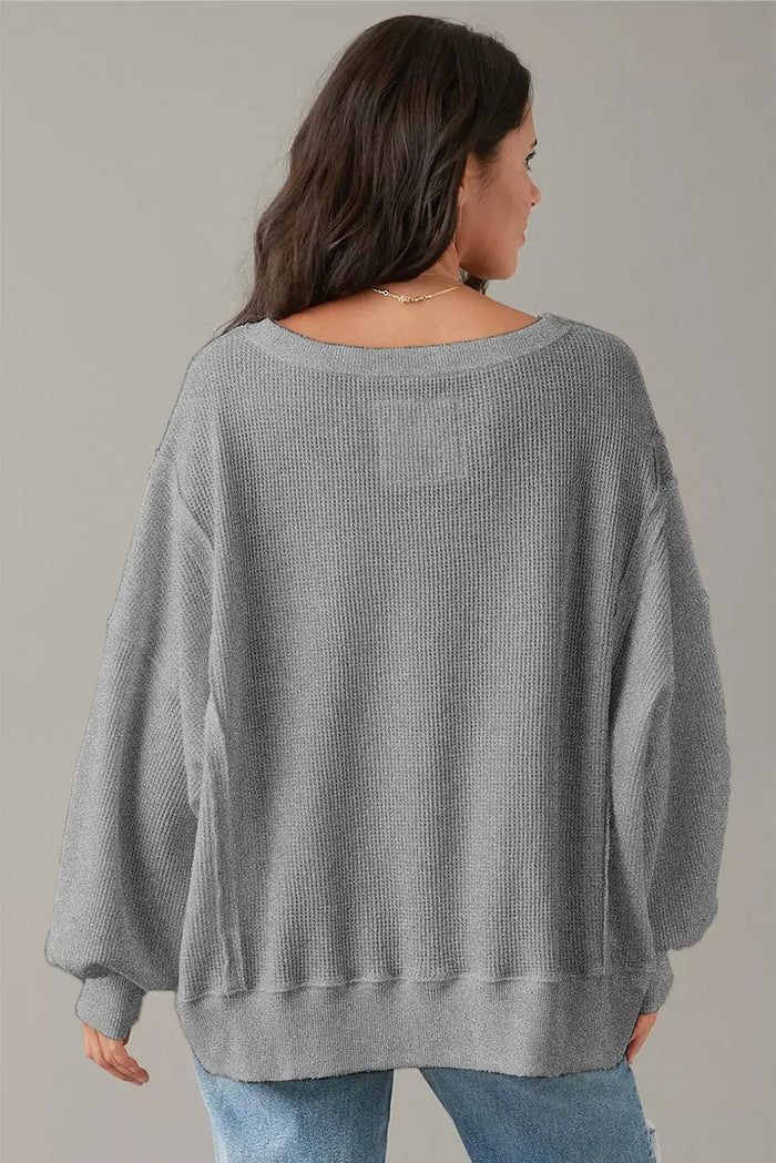 Grey Waffle knit Bishop Sleeve Split Oversized Top - Tops/Long Tops