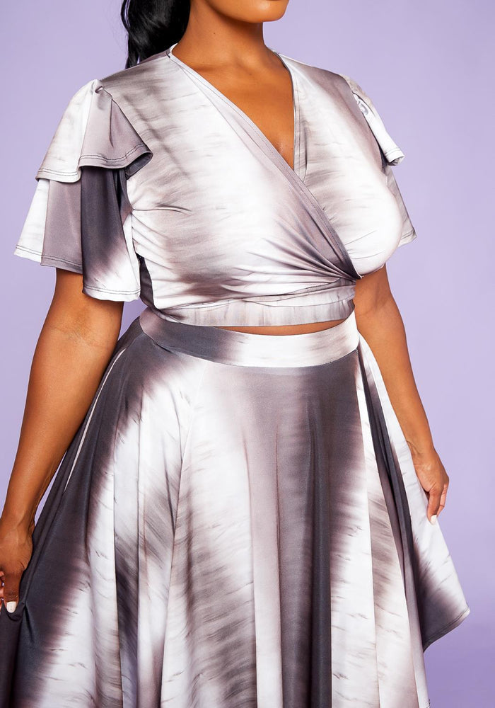 Hi Curvy Plus Size Ruffle Sleeve Wrap Blouse & Flare Skirt Set