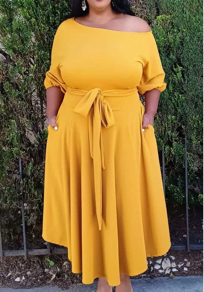 HI Curvy Plus Size women boat neck Flare maxi Dress