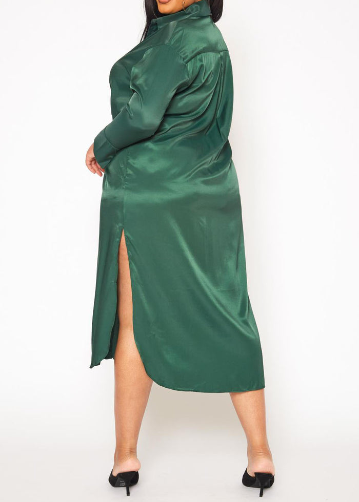 Hi Curvy Plus Size Women Satin Button Front Midi Dress