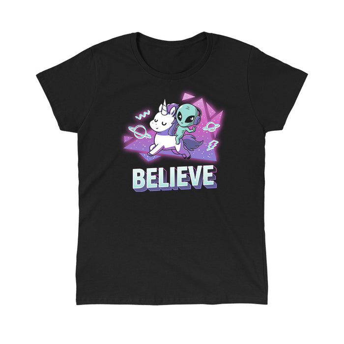 Classic Cotton T-shirt_TeeTurtle black I Believe apparel featuring an alien with headphones on riding a unicorn with a geometric neon 90’s background. Caption says, "BELEIVE".