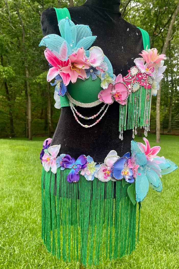Tropical Hawaiian Hula Island Girl Orchid Flower Bra and Fringe Skirt