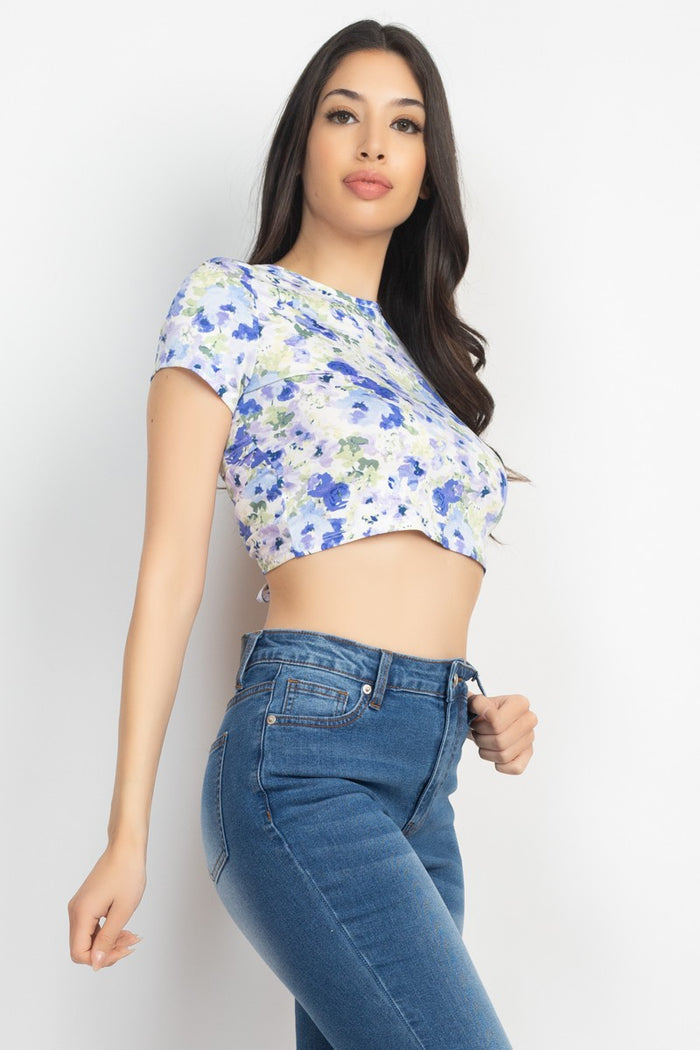 Ivory/Blue Cross Back Floral Crop Top