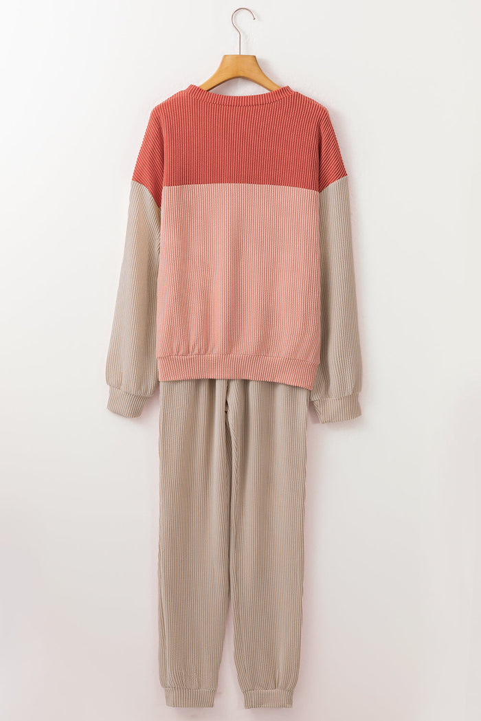 Khaki Ribbed 2pcs Colourblock Pullover and Trousers Outfit - Two Piece Sets/Pant Sets