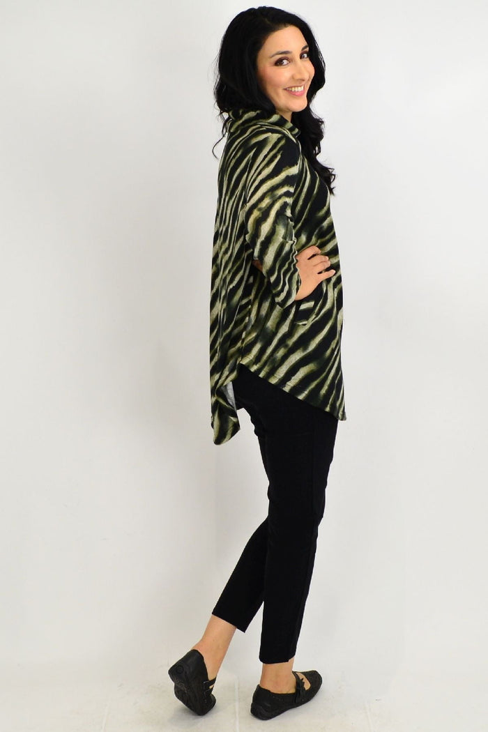 Khaki rolled neck zebra print tunic top by Willow Tree, featuring a relaxed fit and stylish design, displayed on a hanger.