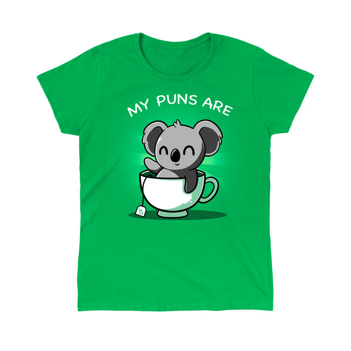 Classic Cotton T-shirt_TeeTurtle Koala Tea Puns irish green apparel featuring a koala sitting in a tea cup with a pun below it.