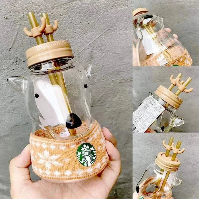 Korean Christmas elk shape double straw glass