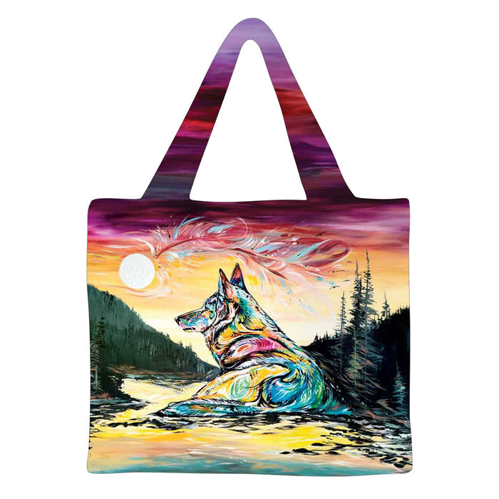Tote bag with a colorful design of a dog in water and sunset landscape.