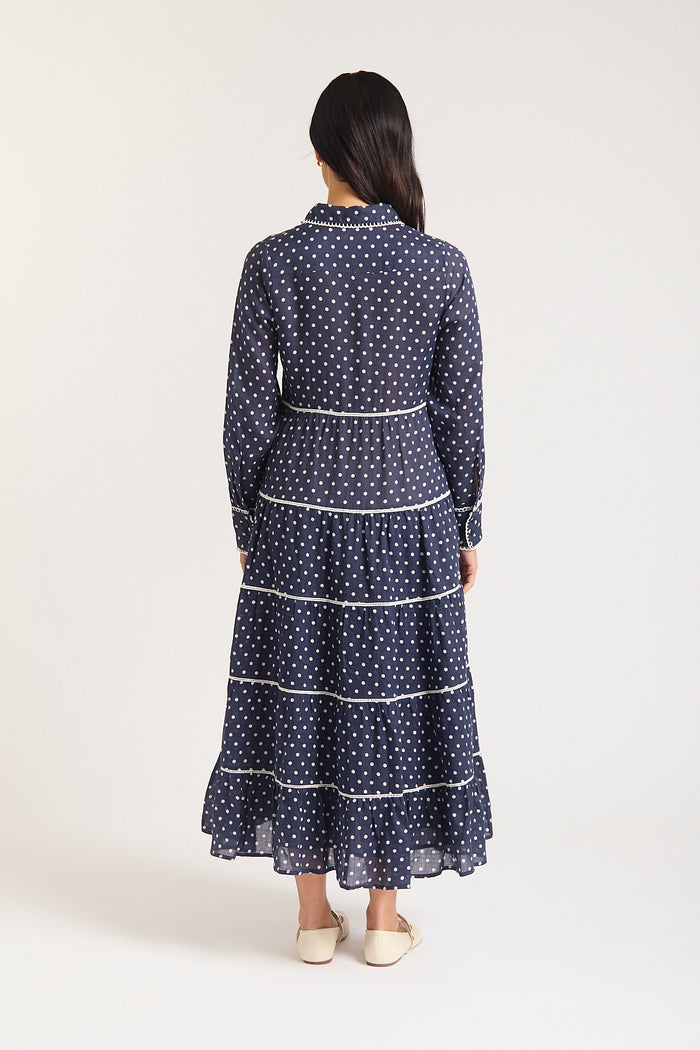 Long Sleeve Marlow Ramie Dress In Navy/Ivory Spot