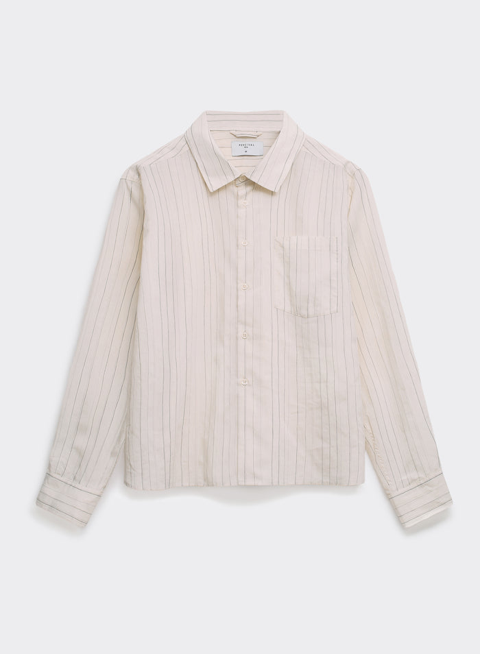 The Percival Lorenzo Pearce Shirt in cream stripe, a breathable lyocell blend long-sleeve shirt with a chest pocket.