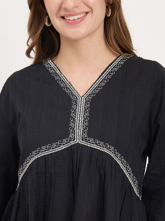 Madame Black Cotton Ruched V-Neck Puff Sleeve Top