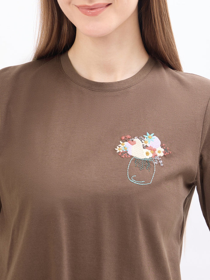 Madame Graphic Print Brown Cotton T-Shirt