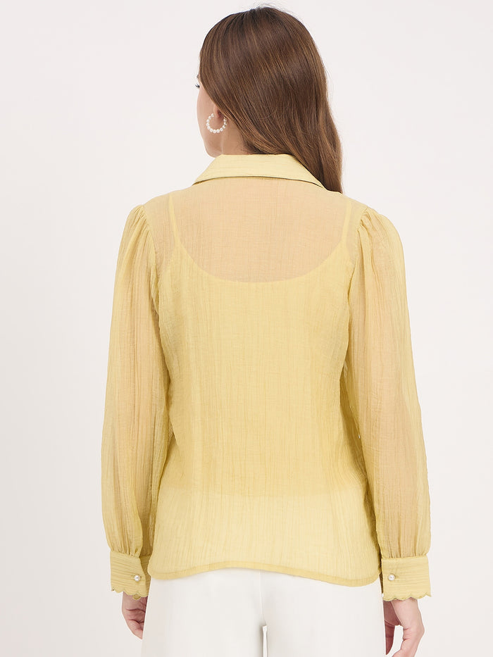 Madame Yellow Lace Detail Lyocell Puff Sleeve Shirt