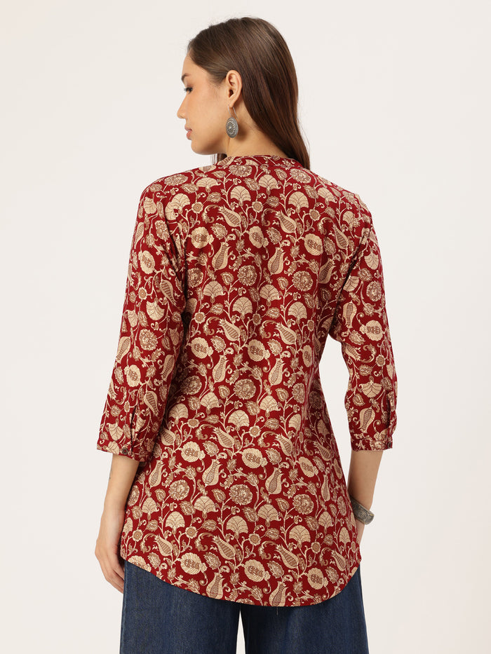 Maroon Floral Printed Mandarin Collar Tunic, Floral Printed Tunic, printed tunic, mandarin collar Tunic, casual wear Tunic, women’s tunic, Office Wear Tunic