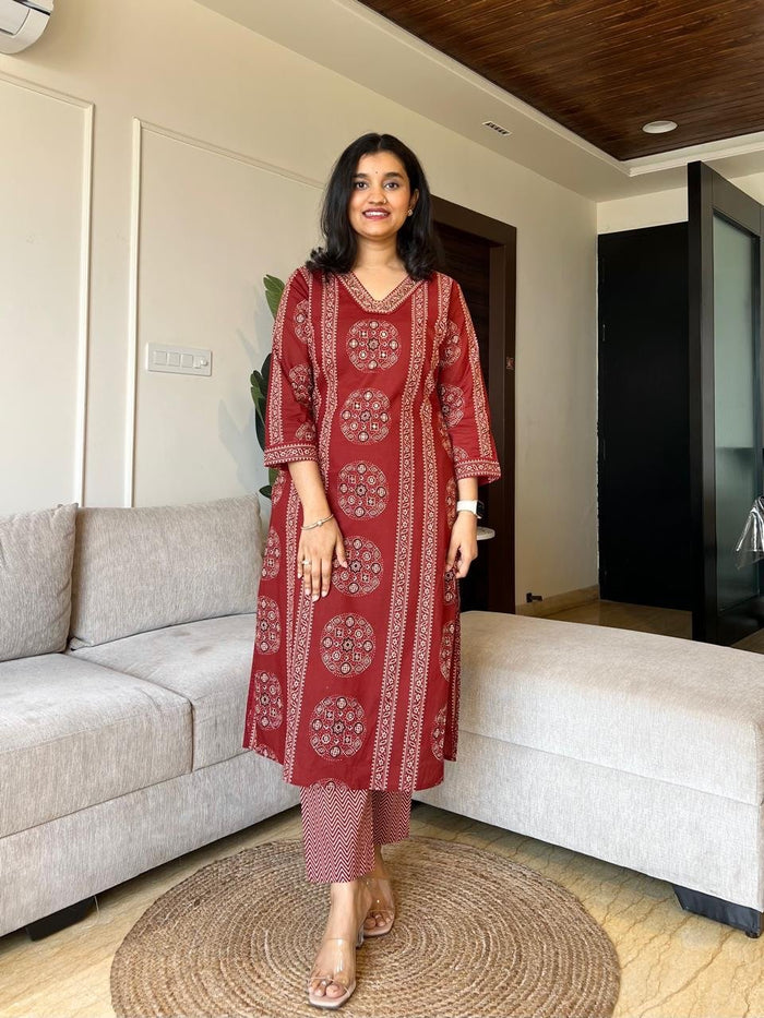 Naina Ajrakh Cotton Suit- Red