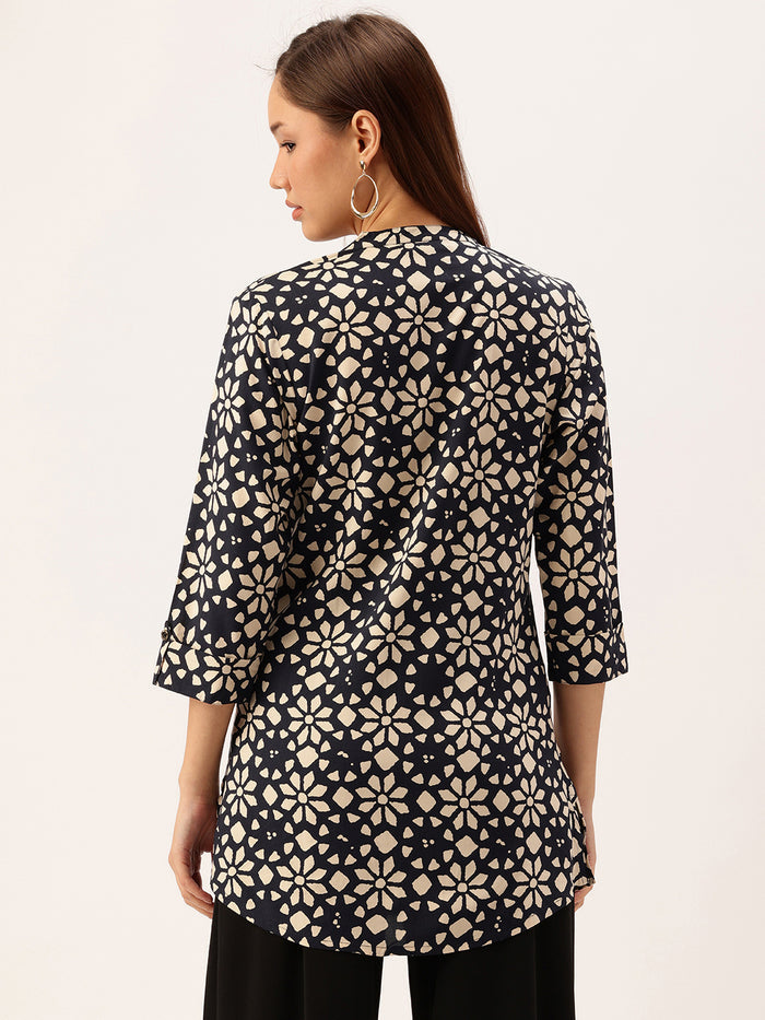 Navy Blue Floral Printed Mandarin Collar Tunic, Floral Printed Tunic, printed tunic, mandarin collar Tunic, casual wear Tunic, women’s tunic, Office Wear Tunic