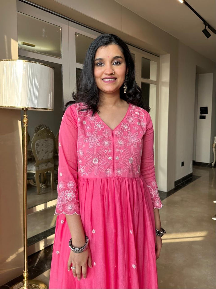 Nia Embroidered Mulmul Anarkali Set- Pink