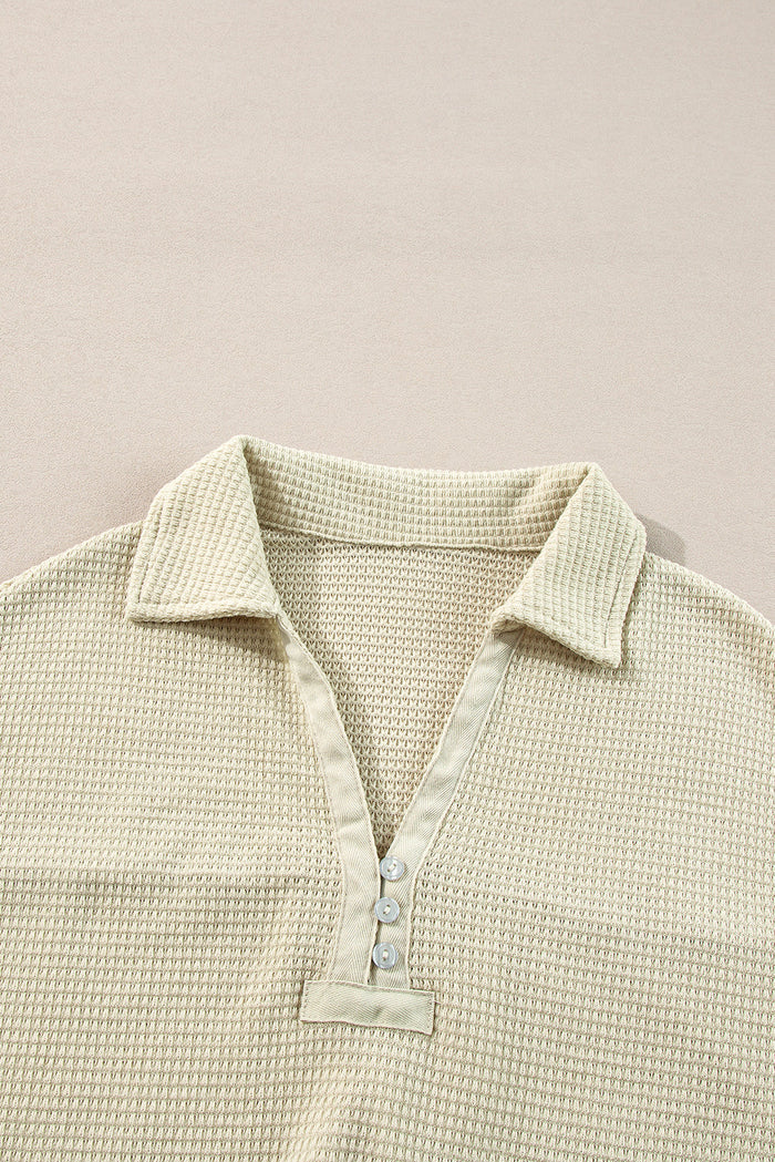Parchment Textured Buttoned Long Sleeve Top 2 Piece Shorts Set - Two Sets/Short Sets