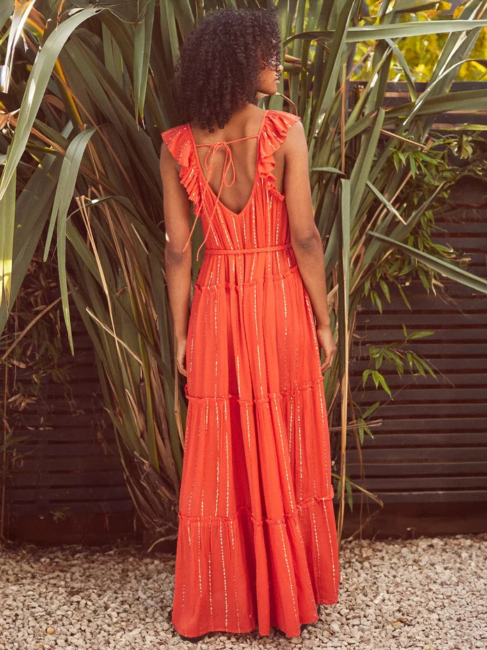 Petite Coral Lurex Tiered Maxi Dress