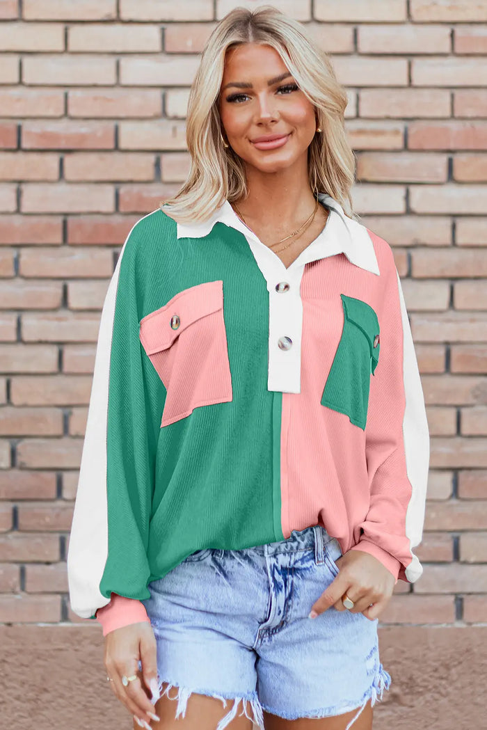 Pink Colourblock Ribbed Collared Oversized Sweatshirt - Tops/Sweatshirts & Hoodies